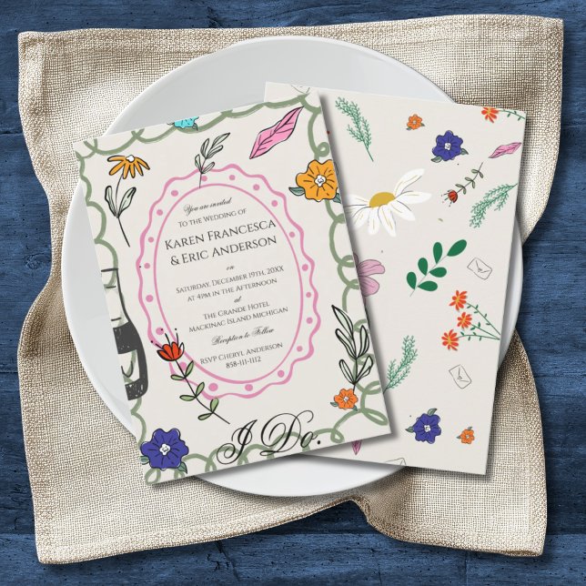 Invitación Whimsical Floral Folk Art Wedding Hand Drawn  (Subido por el creador)
