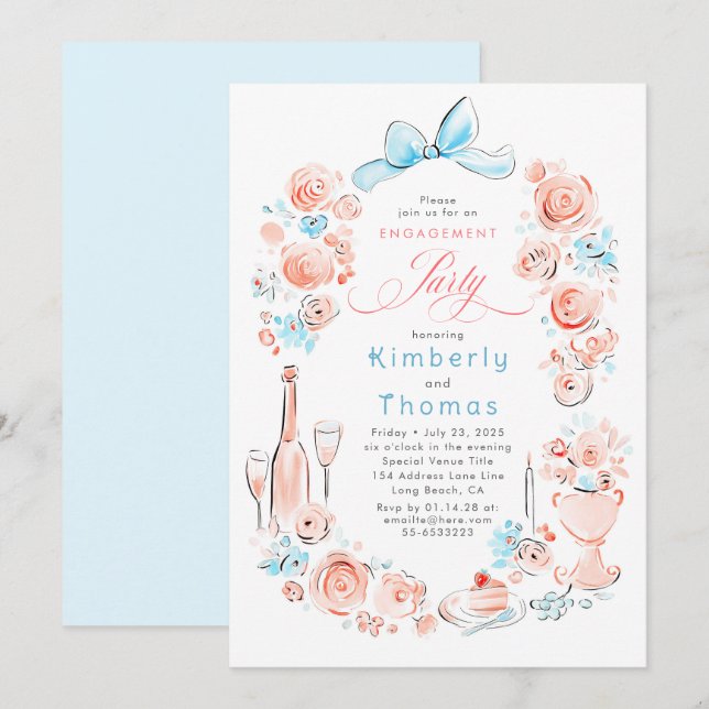 Invitación Whimsical Floral Hand Drawn Bow Engagement Party (Anverso / Reverso)
