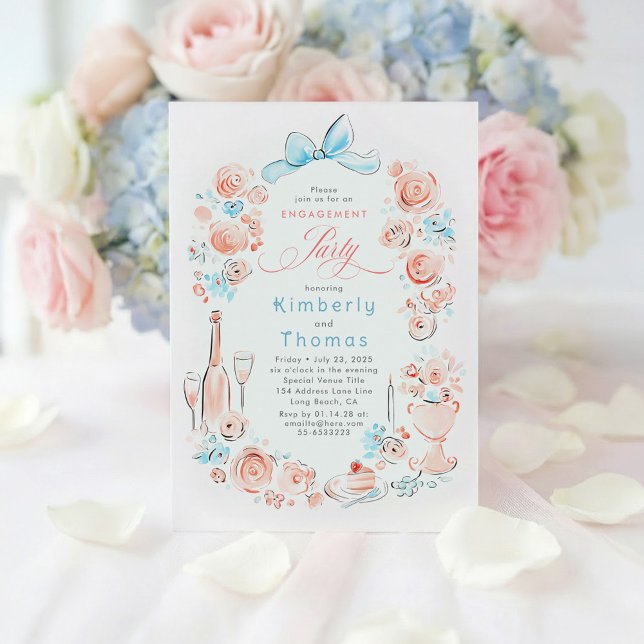 Invitación Whimsical Floral Hand Drawn Bow Engagement Party (Dusty Blue and Pink Whimsical Floral Engagement Party Invitations)