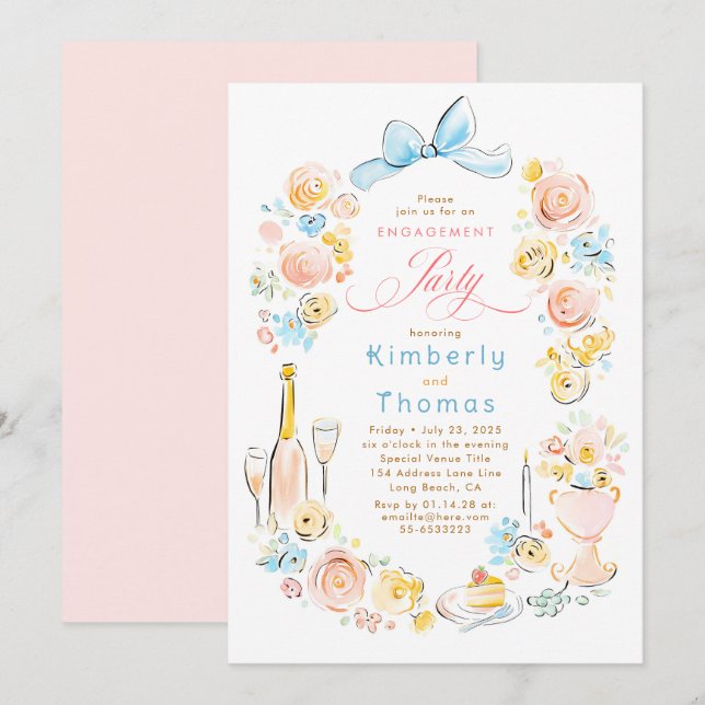 Invitación Whimsical Floral Hand Drawn Bow Engagement Party (Anverso / Reverso)