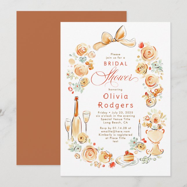 Invitación Whimsical Floral Hand Drawn Bow Fall Bridal Shower (Anverso / Reverso)