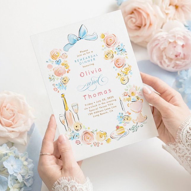 Invitación Whimsical Floral Hand Drawn Bow Rehearsal Dinner (Pastel Whimsical Tablescape Rehearsal Dinner Invitation)