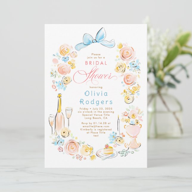 Invitación Whimsical Floral Hand Drawn Chic Bow Bridal Shower (Anverso de pie)