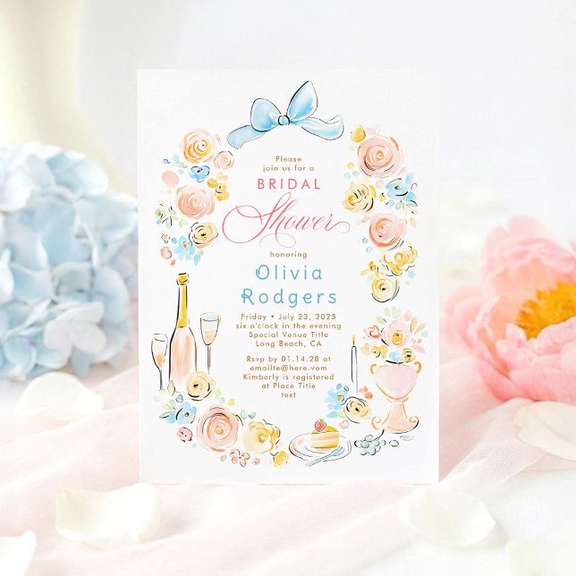 Invitación Whimsical Floral Hand Drawn Chic Bow Bridal Shower (Whimsical Pastel Floral Coquette Bow Bridal Shower Invitation)