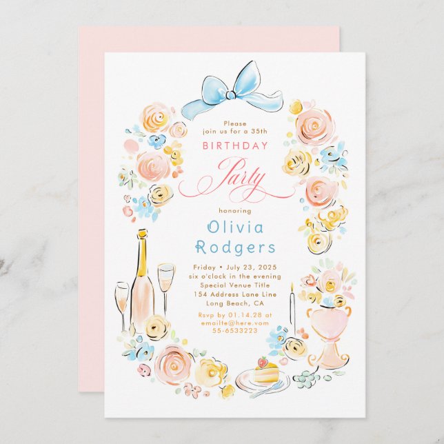 Invitación Whimsical Floral Hand Drawn Coquette Bow Birthday (Anverso / Reverso)