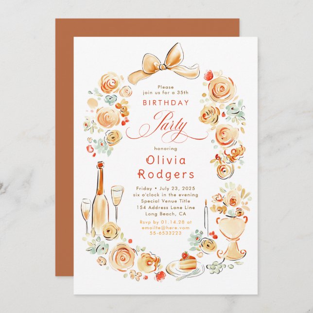 Invitación Whimsical Floral Hand Drawn Coquette Fall Birthday (Anverso / Reverso)