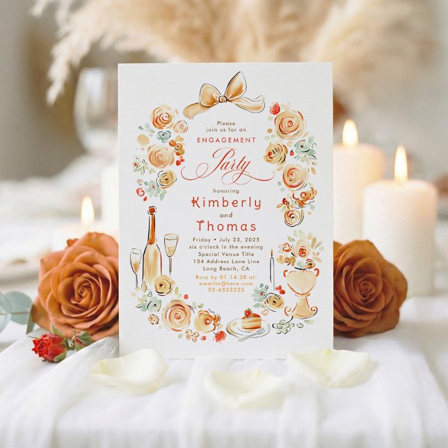 Invitación Whimsical Floral Hand Drawn Fall Engagement Party (Terracotta Chic Hand-illustrated Fall Engagement Party Invitations)