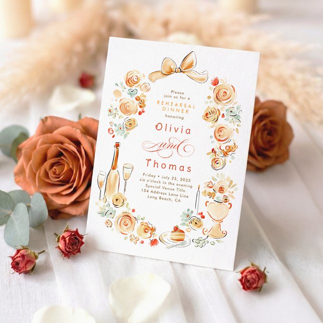 Invitación Whimsical Floral Hand Drawn Fall Rehearsal Dinner (Terracotta Whimsical Chic Rehearsal Dinner Invitation)