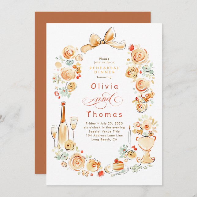 Invitación Whimsical Floral Hand Drawn Fall Rehearsal Dinner (Anverso / Reverso)