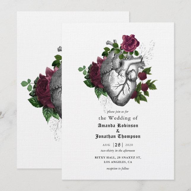 Invitación Whimsical Floral Heart Halloween Boda gótico (Anverso / Reverso)