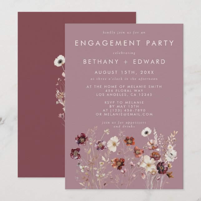 Invitación Whimsical Floral Mauve Engagement Party (Anverso / Reverso)