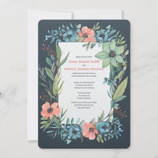 Invitación Whimsical Floral Salmon Blue Green Boda (Anverso)