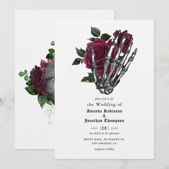 Invitación Whimsical Floral Skeleton Boda Gótico (Anverso / Reverso)