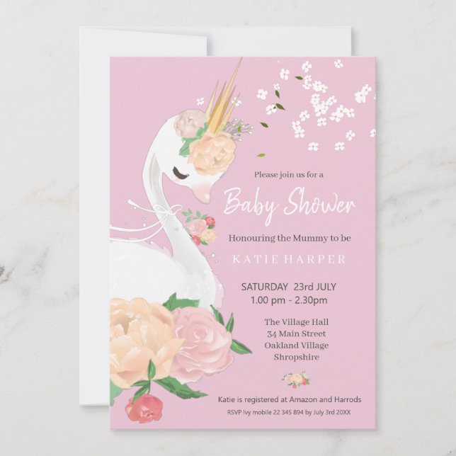 Invitación Whimsical Floral Swan Baby Shower  (Anverso)