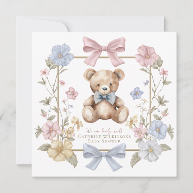 Invitación Whimsical Floral Teddy Bear Baby Shower QR code  (Anverso)