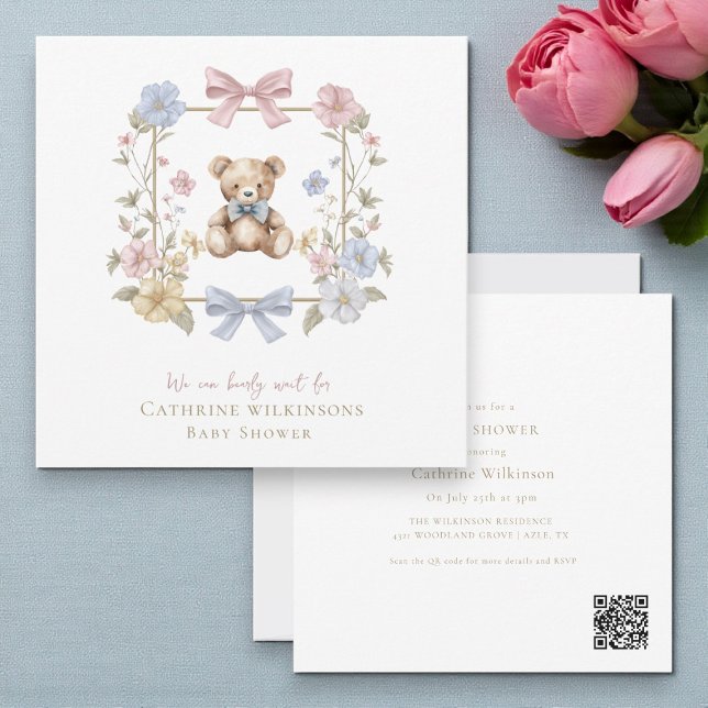 Invitación Whimsical Floral Teddy Bear Baby Shower QR code (Subido por el creador)