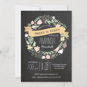 Invitación Whimsical Floral Wreath Chalkboard Sweet 16 Foto