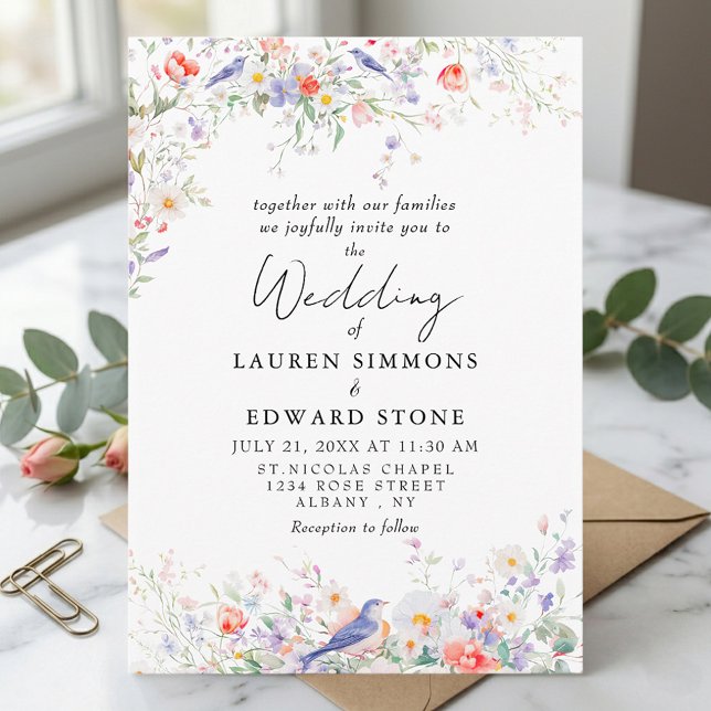 Invitación Whimsical Flowers & Blue Birds Watercolor Wedding (Subido por el creador)