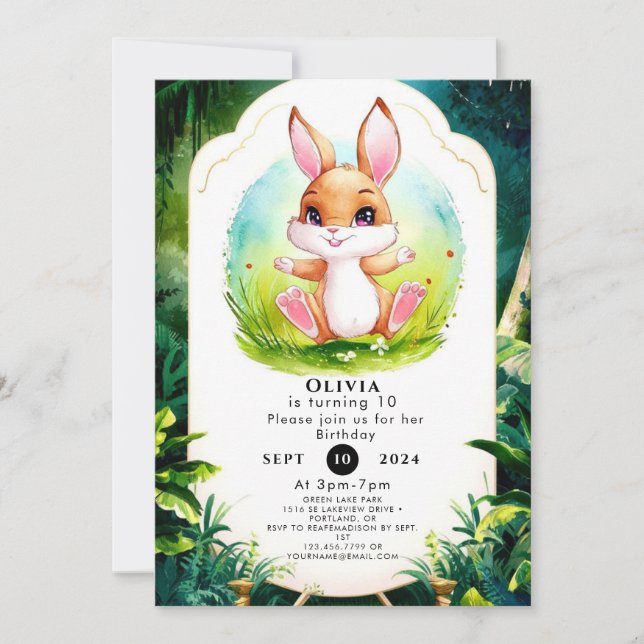 Invitación Whimsical Forest Bunny Birthday (Anverso)