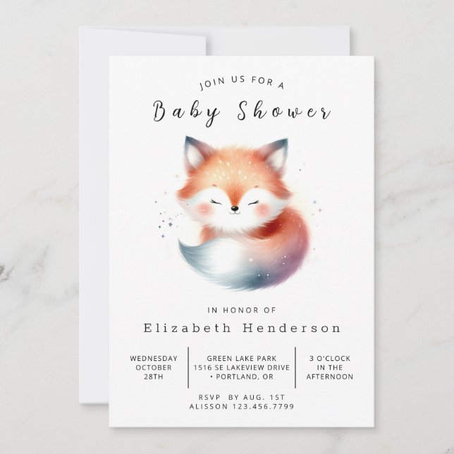 Invitación Whimsical Forest Friends Fox Baby Shower (Anverso)