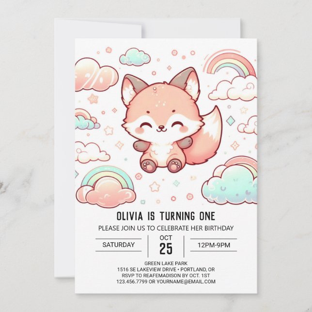 Invitación Whimsical Fox 1er cumpleaños (Anverso)