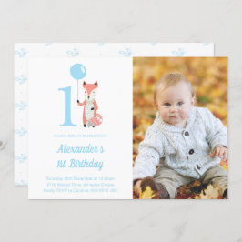 Invitación Whimsical Fox & Balloon Blue Primera foto de cumpl
