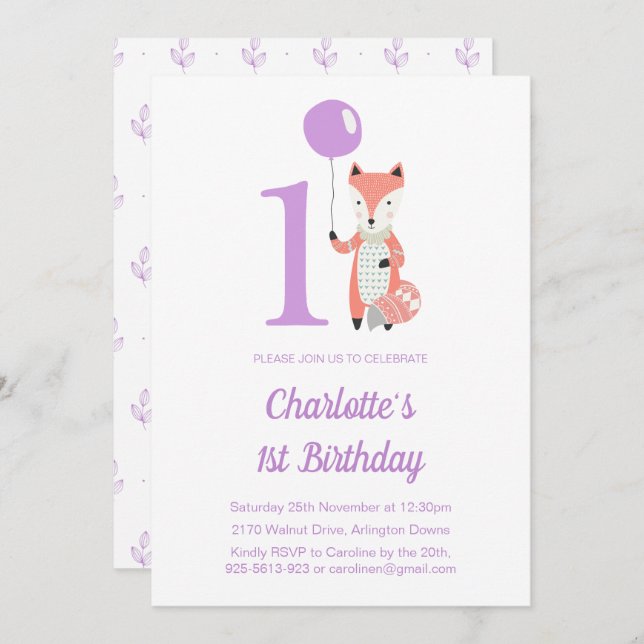 Invitación Whimsical Fox & Balloon Purple 1er cumpleaños (Anverso / Reverso)