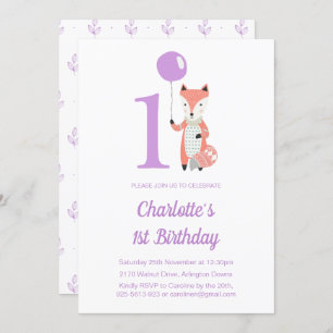 Invitación Whimsical Fox & Balloon Purple 1er cumpleaños