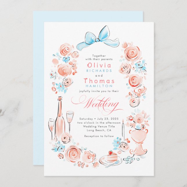 Invitación Whimsical French Floral Hand Drawn Wedding (Anverso / Reverso)