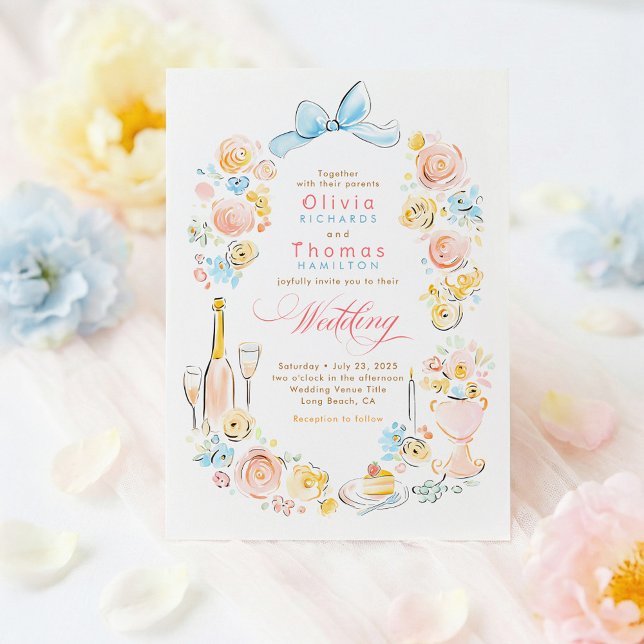 Invitación Whimsical French Floral Hand Drawn Wedding (Hand drawn Wedding Invite)