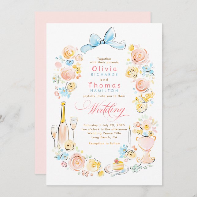 Invitación Whimsical French Floral Hand Drawn Wedding (Anverso / Reverso)