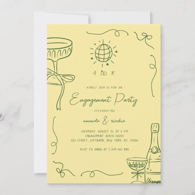Invitación Whimsical French Fun Hand Drawn Engagement Party (Anverso)