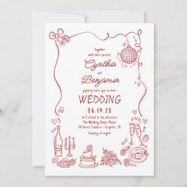 Invitación Whimsical Funky Hand Drawn Burgundy Retro Wedding