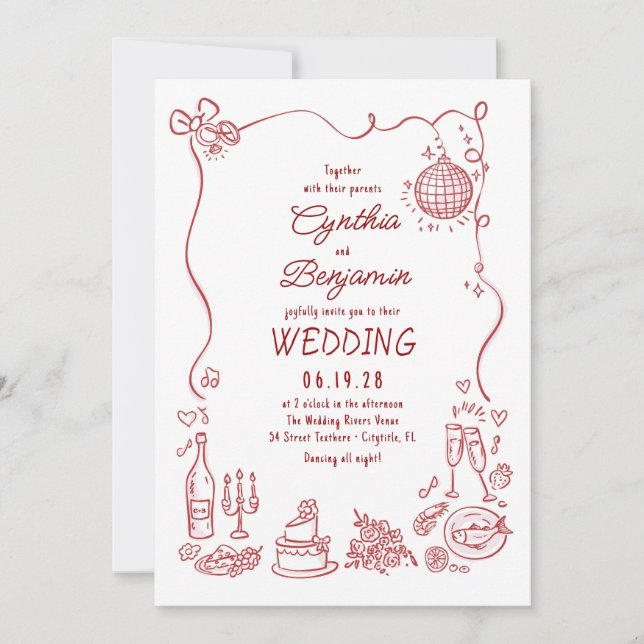 Invitación Whimsical Funky Hand Drawn Burgundy Retro Wedding (Anverso)