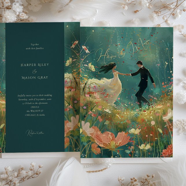 Invitación Whimsical Garden Dance - Boda Verde azulado y cora (Subido por el creador)