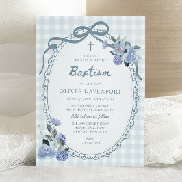 Invitación Whimsical Gingham Dusty Blue Floral Boy Baptism