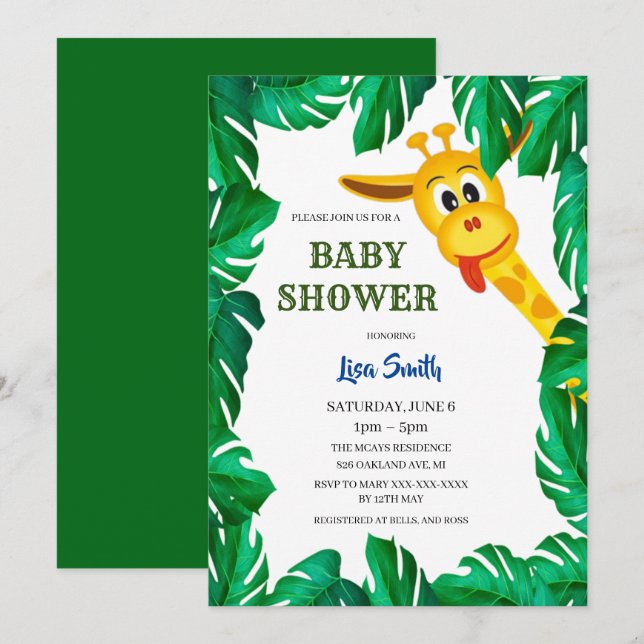 Invitación Whimsical Giraffe Safari Baby Shower (Anverso / Reverso)
