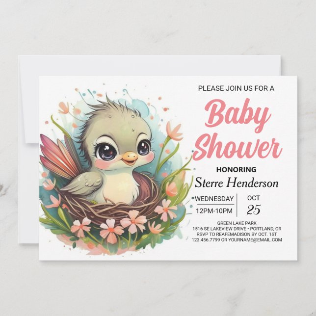 Invitación Whimsical Girly Nest Bird Baby Shower (Anverso)