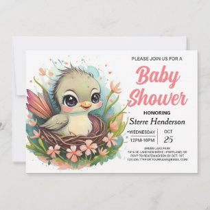Invitación Whimsical Girly Nest Bird Baby Shower