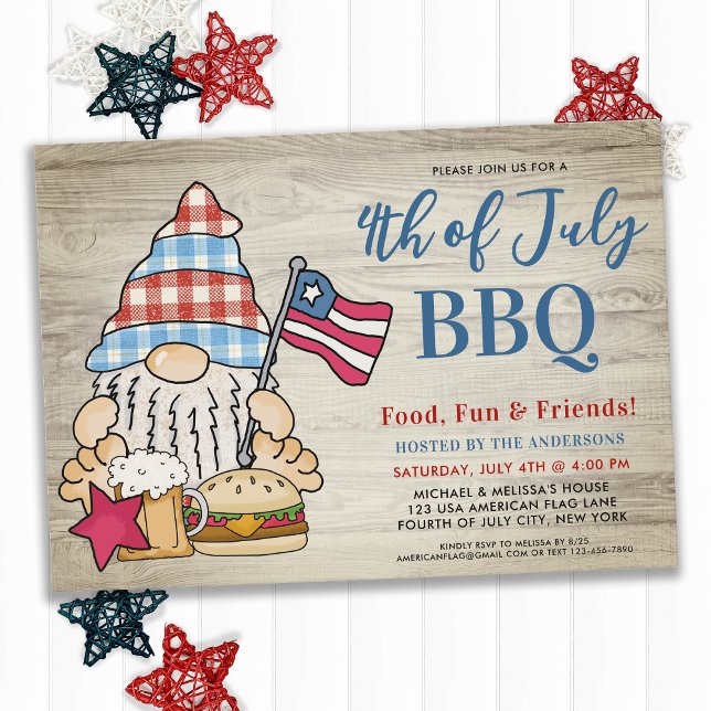 Invitación Whimsical Gnome Cuarto De Julio BBQ 4 Julio Fiesta (Subido por el creador)