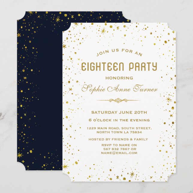 Invitación Whimsical Gold Starry Night 18th Birthday Party (Anverso / Reverso)