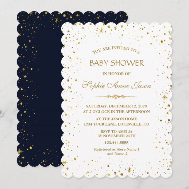 Invitación Whimsical Gold Starry Night Baby Shower (Anverso / Reverso)