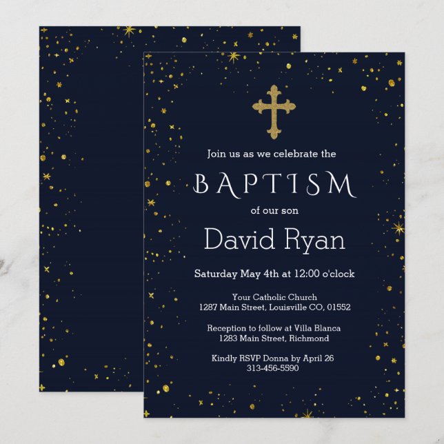 Invitación Whimsical Gold Starry Night Boy Baptism (Anverso / Reverso)