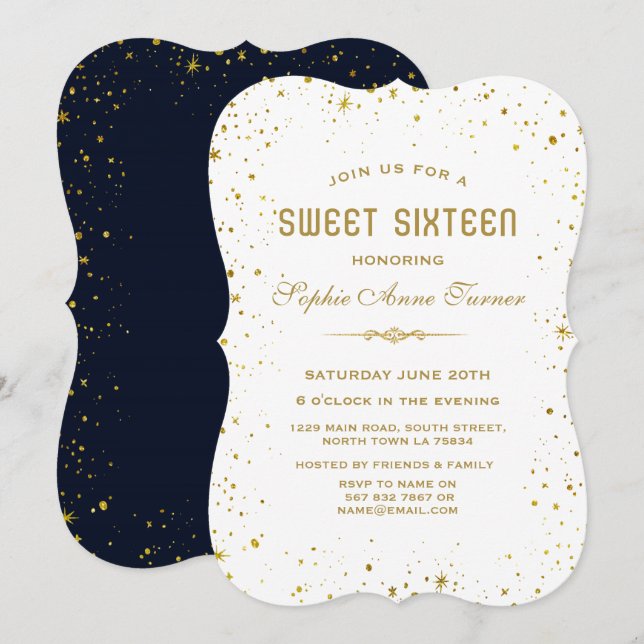 Invitación Whimsical Gold Starry Night Sweet 16 (Anverso / Reverso)