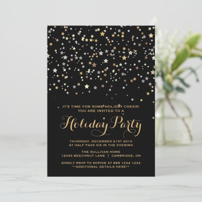 Invitación Whimsical Gold Stars Confetti Holiday Party (Anverso de pie)