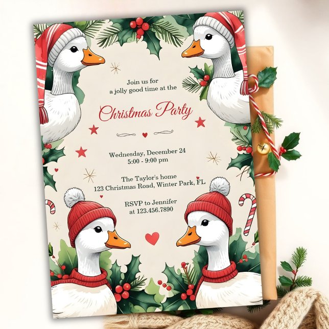 Invitación Whimsical Goose Cozy Winter Christmas Party (Whimsical Goose Christmas Party Invitation. Cozy Winter Hats, Holly & Candy Canes)