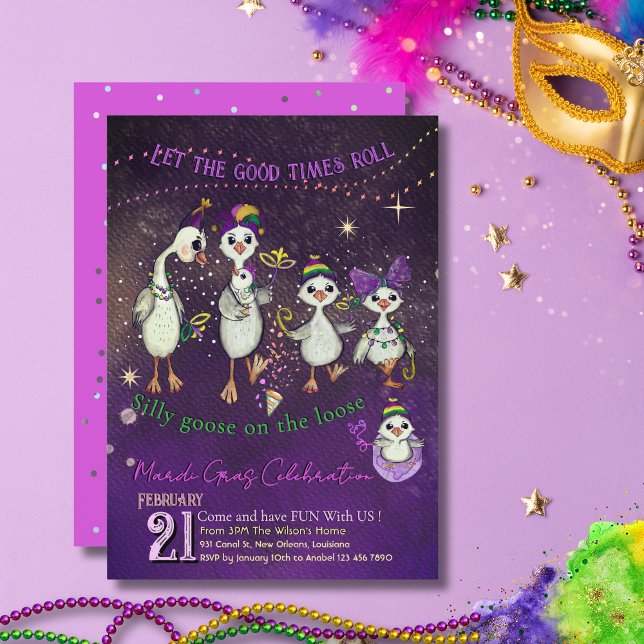 Invitación Whimsical Goose Family Mardi Gras Purple Pink (Whimsical Goose Family Mardi Gras Purple Pink Invitation)
