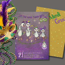 Invitación Whimsical Goose Family Mardi Gras Purple Yellow