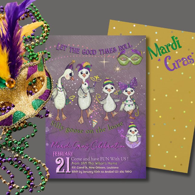Invitación Whimsical Goose Family Mardi Gras Purple Yellow (Whimsical Goose Family Mardi Gras Purple Yellow Invitation)