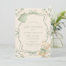 Invitación Whimsical Green Frame Beige Vintage Bear